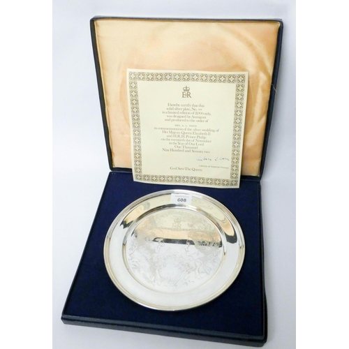 608 - A limited edition silver salver commemorating the Silver Wedding of H.M. Queen Elizabeth & Prince Ph...