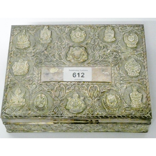 612 - Malaysian silver table top cigarette box, with armorials for Malaysian states, Maker mark ARH. 19cms...