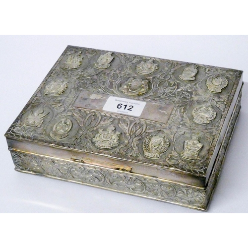 612 - Malaysian silver table top cigarette box, with armorials for Malaysian states, Maker mark ARH. 19cms...