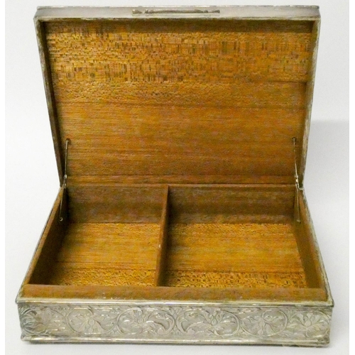 612 - Malaysian silver table top cigarette box, with armorials for Malaysian states, Maker mark ARH. 19cms...