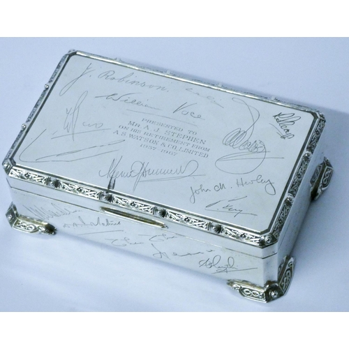 614 - A silver table top cigarette box, retailed by Lane Crawford Co Hong Kong, Birmingham 1962....