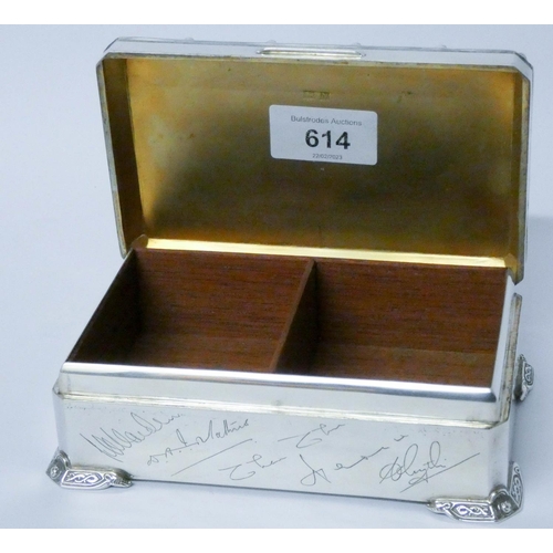 614 - A silver table top cigarette box, retailed by Lane Crawford Co Hong Kong, Birmingham 1962....