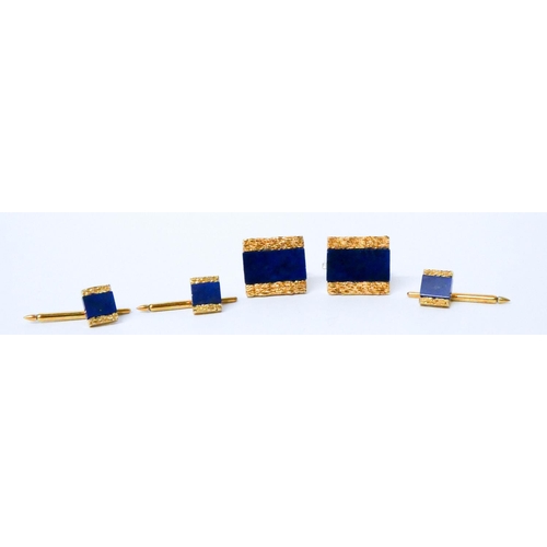 651 - Chinese yellow gold and lapis mounted cufflinks and shirt stud set, Hallmarked PC K14, in silk purse...