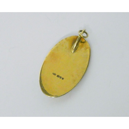 628 - Handmade hallmarked silver gilt oval pendant set with Cabochon agate, pendant length 5cms, gross wei...