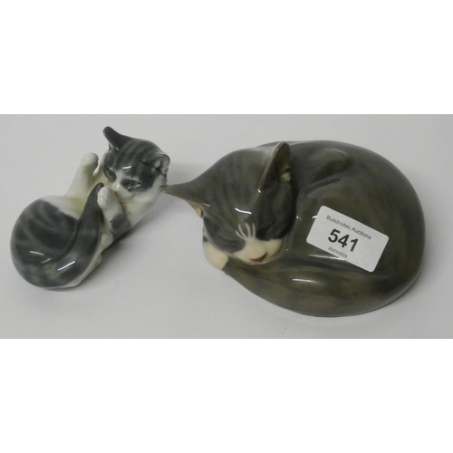 136 - Royal Copenhagen - two recumbent cat figurines, owls, mouse and pin trays