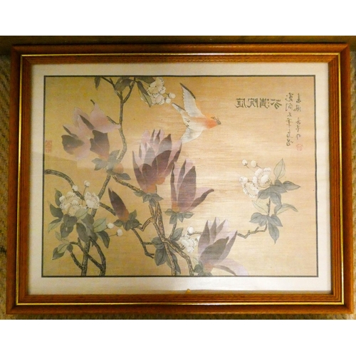 193 - A set of four Japanese silk panel pictures, framed and glazed