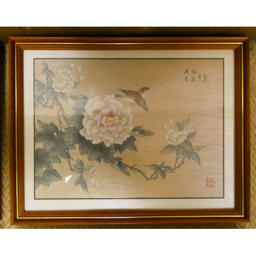 193 - A set of four Japanese silk panel pictures, framed and glazed