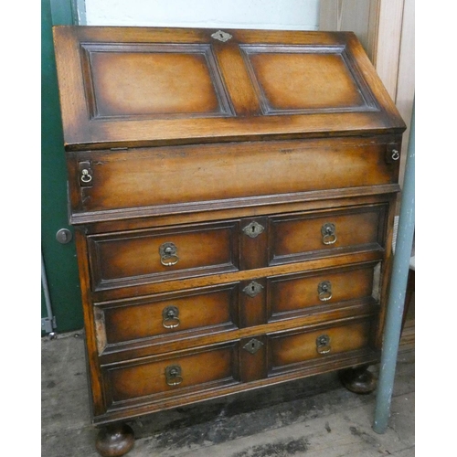 1 - A good quality Georgian style oak bureau with nicely fitted interior including well with three drawe... 