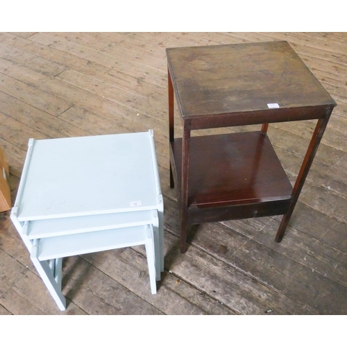 16 - A two tier mahogany occasional table and a nest of three blue painted coffee tables...