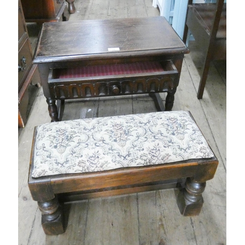 18 - A carved  oak occasional table fitted drawer together with an oak framed stool...