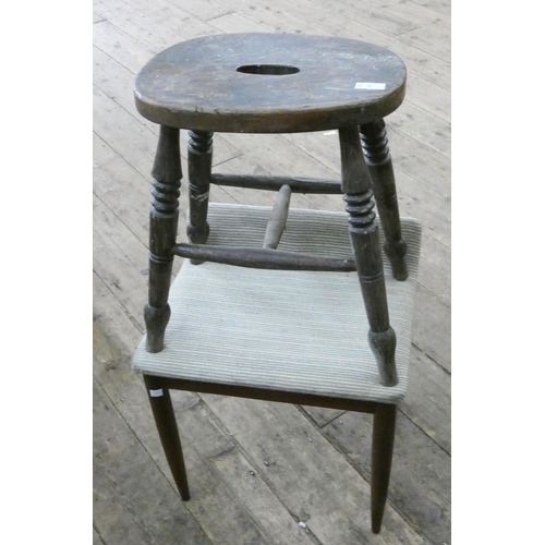 5 - A 1970's teak framed stool with upholstered seat together with another wooden stool...