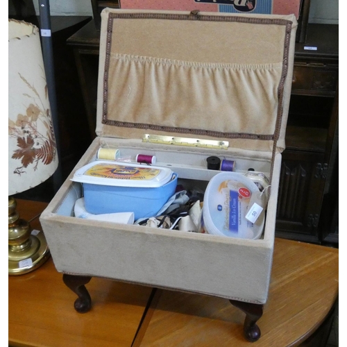 50 - An upholstered work box stool and various cottons etc...