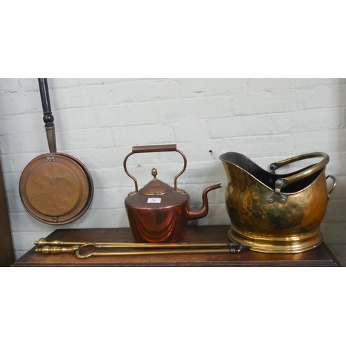 56 - A Victorian copper kettle, brass coal bucket, warming pan, tongs and poker