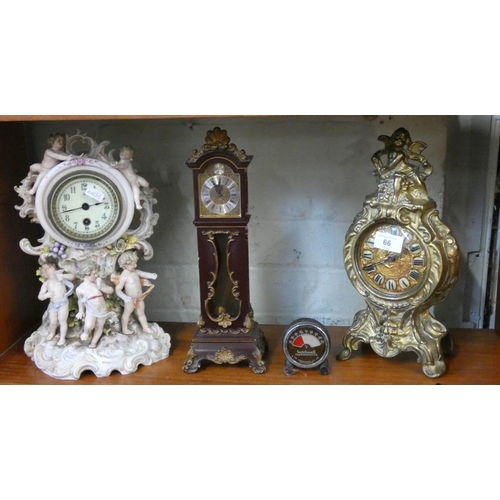 66 - A Dresden style cherub mounted mantle clock, miniature grandfather clock, a brass clock and a thermo... 