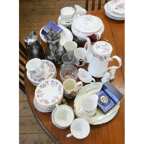 113 - Assorted tea ware, coffee pot, tureen, plated items etc