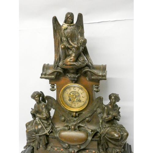 150 - A late 19th century French bronze monumental mantle clock depicting Faith, Hope and Charity on a sha... 