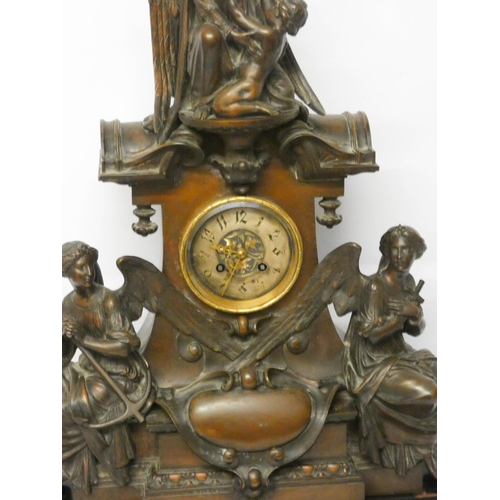 150 - A late 19th century French bronze monumental mantle clock depicting Faith, Hope and Charity on a sha... 