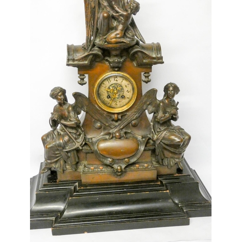 150 - A late 19th century French bronze monumental mantle clock depicting Faith, Hope and Charity on a sha... 