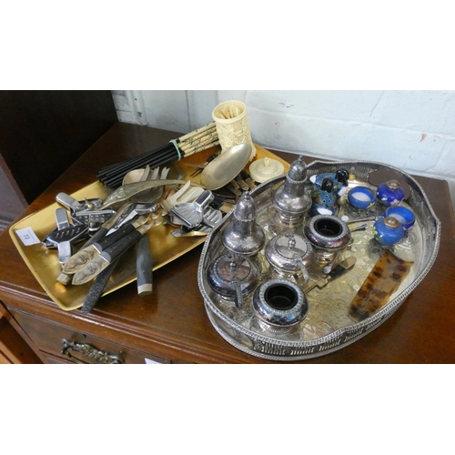 73 - An oval silver plated tea tray, condiments, chop sticks, cutlery etc