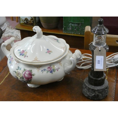 88 - A Serpentine lighthouse table lamp and china soup tureen