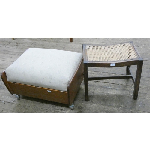 98 - A teak framed stool with upholstered seat and an oak stool with cane seat