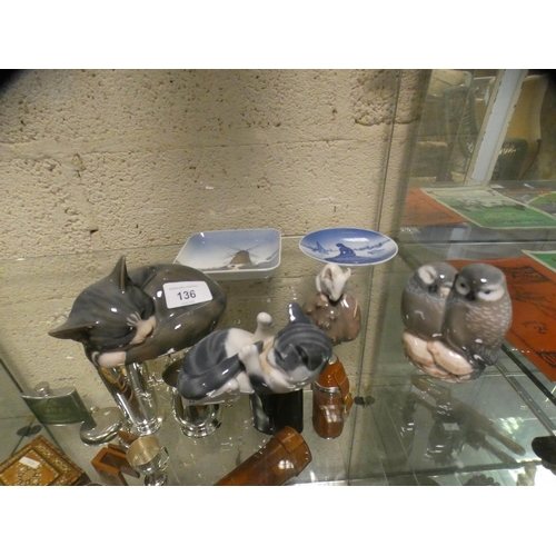 136 - Royal Copenhagen - two recumbent cat figurines, owls, mouse and pin trays