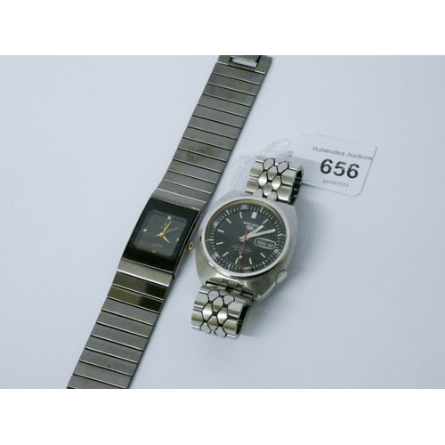 656 - A vintage gents Seiko 5 Sports automatic wristwatch, the black dial with batons denoting hours, date... 