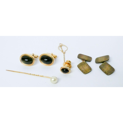 657 - A cultured pearl and gold stick pin together with Tigers eye set cufflinks, silver gilt cufflinks et... 