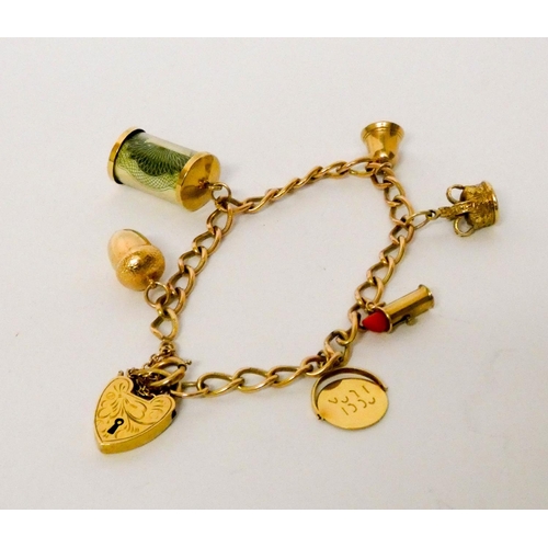 658 - 9ct yellow gold charm bracelet set numerous charms, including vintage £1 note. Gross weight 18.9 gra...