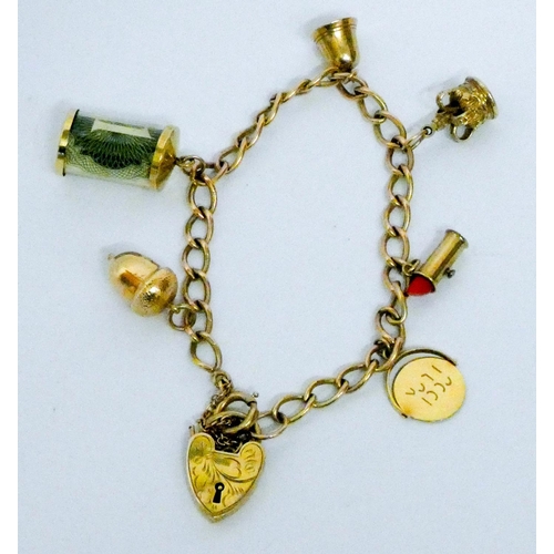 658 - 9ct yellow gold charm bracelet set numerous charms, including vintage £1 note. Gross weight 18.9 gra...