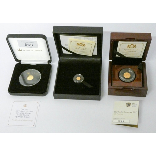 663 - 2019 22ct proof Quarter Laurel, 2019 1/50 oz gold proof Kruggerand, and 2017 Proof Quarter Sovereign... 