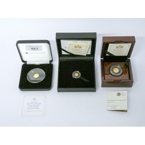 663 - 2019 22ct proof Quarter Laurel, 2019 1/50 oz gold proof Kruggerand, and 2017 Proof Quarter Sovereign... 