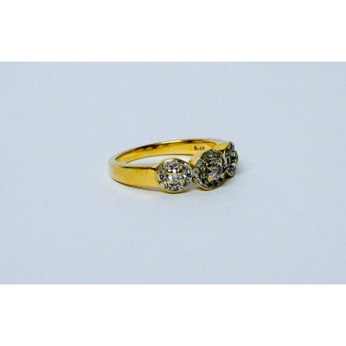 666 - Modern 18ct yellow gold and diamond triple cluster ring, ring size O, weight 5.3 g, hallmarked.