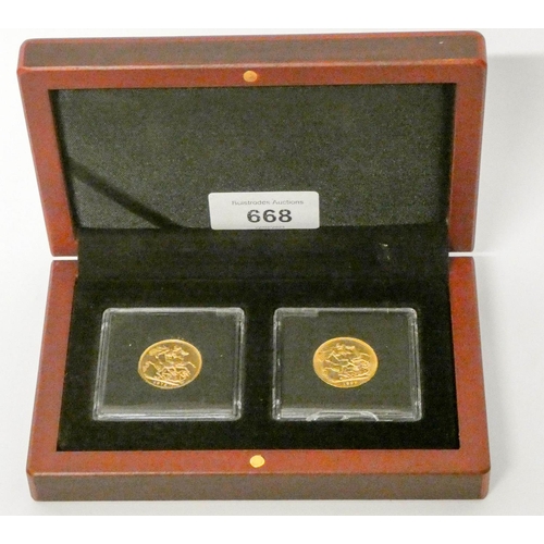 668 - Gold Sovereigns - Queen Victoria Young Head 1872 & Queen Victoria Widows Head 1899 - in fitted box.