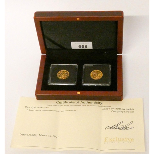 668 - Gold Sovereigns - Queen Victoria Young Head 1872 & Queen Victoria Widows Head 1899 - in fitted box.