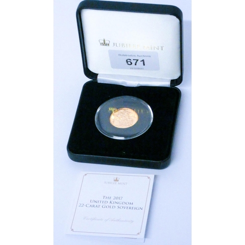 671 - 2017 Queen Elizabeth II Proof Sovereign in fitted box