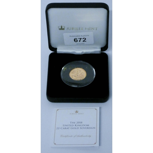 672 - 2018 Queen Elizabeth II Proof Sovereign in fitted box