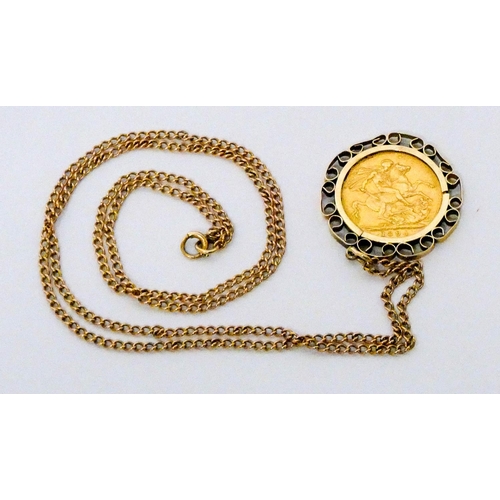 686 - 1894 Full Gold Sovereign in pendant mount on 9ct gold chain, 15.9 grams gross weight