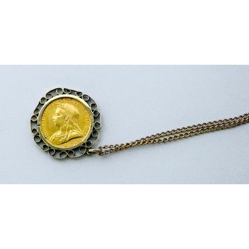 686 - 1894 Full Gold Sovereign in pendant mount on 9ct gold chain, 15.9 grams gross weight