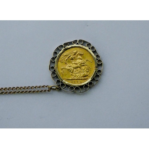 686 - 1894 Full Gold Sovereign in pendant mount on 9ct gold chain, 15.9 grams gross weight