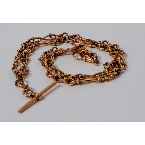 687 - 9ct rose gold watch albert chain, with T bar, gross weight 37 grams. 59 cms long.