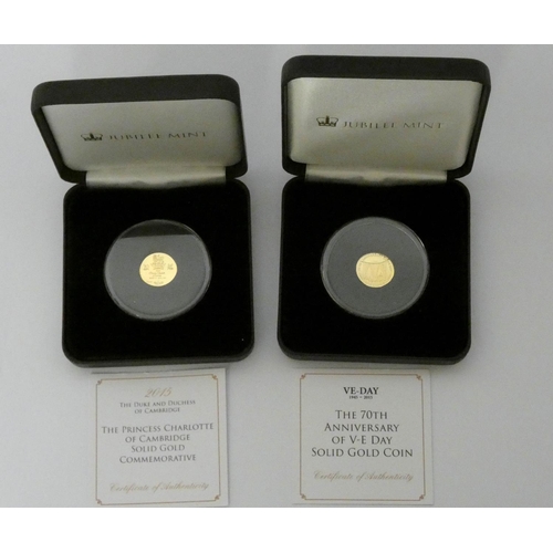 694 - Princess Charlotte Proof 9ct gold commemorative Coin and 2015 Proof VE Day commemorative coin, both ... 