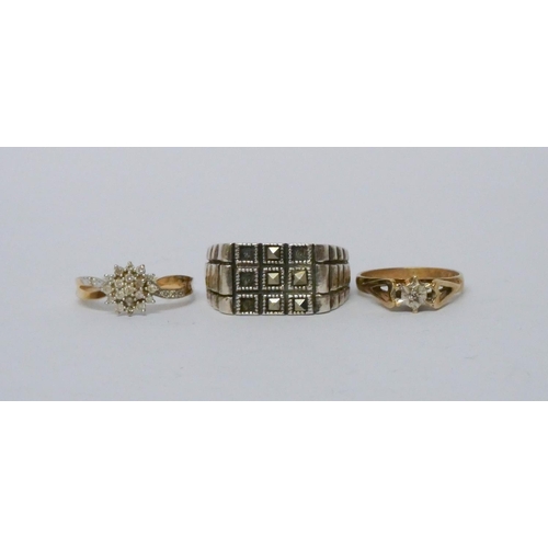 711 - Two 9ct gold diamond set rings and a gents silver and marcasite signet ring, cluster size O, single ... 