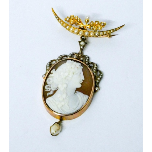 720 - Victorian carved shell cameo pendant, in a gold mount with seed pearl mount and dropper, suspended f... 