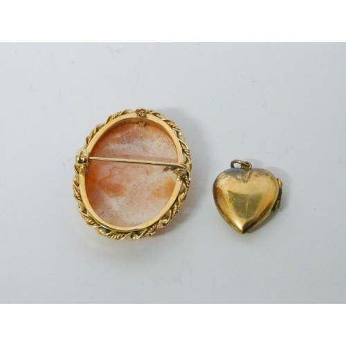 756 - A 9ct gold framed oval cameo brooch and a heart shaped gold back and front locket