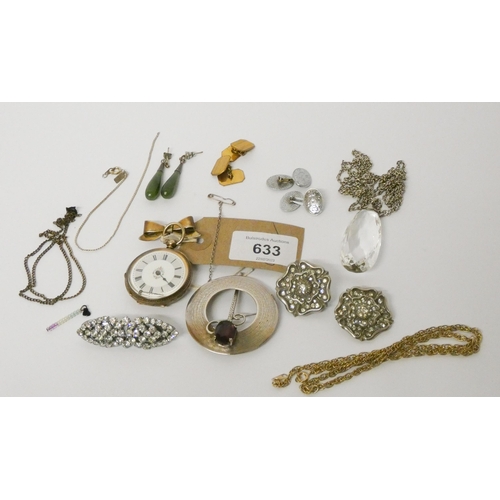 633 - Victorian silver gilt ladies fob watch, Scottish silver brooch, jade drop earrings, paste set deco c...