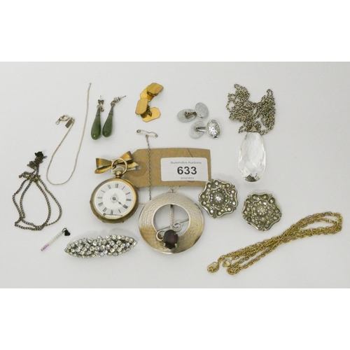 633 - Victorian silver gilt ladies fob watch, Scottish silver brooch, jade drop earrings, paste set deco c...