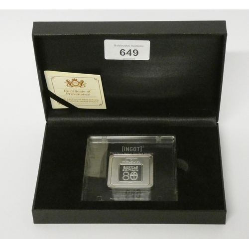 649 - A fine silver proof Ingot, weight 50 grams, Commemorating Battle of Britain 80 years. in Presentatio...