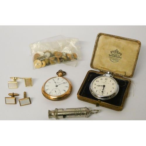 713 - Victorian gold plated pocket watch, cufflinks, policeman's whistle and another chrome plated pocket ... 