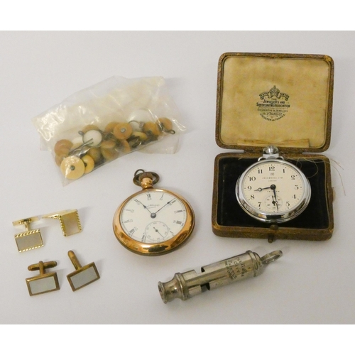 713 - Victorian gold plated pocket watch, cufflinks, policeman's whistle and another chrome plated pocket ... 